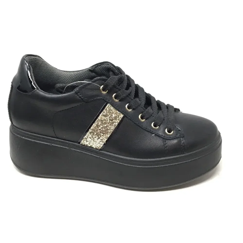 IGI & Co Women's Black Leather Sneakers Silver Sparkle Stripe Women's Size 37